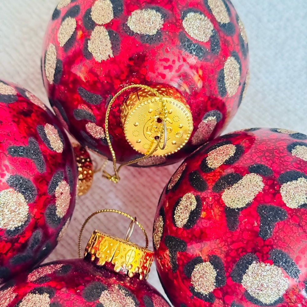 4 Vintage Glass Red Gold & Black Glitter Leopard Christmas Tree Ornaments - Picture 3 of 7